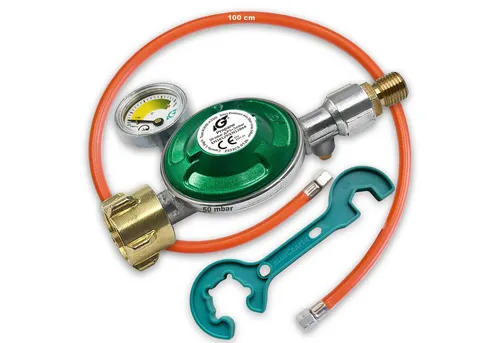 IGT Druckminderer Gas 50mbar Gasdruckminderer Gasdruckregler für Propan-Butan Gasflasche, Füllstandsanzeige, 100cm Gas-Schlauch und Gasregler Schlüssel