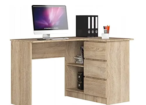 BDW Eckschreibtisch Eiche Sonoma - Schreibtisch mit 3 Schubladen und 2 Regalen, ideal für Jugendzimmer und Büros. Robuste Verarbeitung und viel Platz zum Arbeiten und Entfalten.
