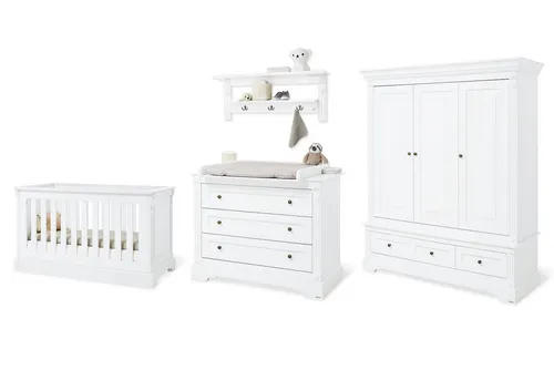 Pinolino® Babymöbel-Set 'Emilia' 4-tlg. für Kinderzimmer - 4-teiliges Kinderzimmer-Set 'Emilia' in edlem Weiß, mit umbaubarem Bett und Wickelkommode. Ideal für eine romantische und praktische Gestaltung, die mitwächst und Platz für alles bietet.
