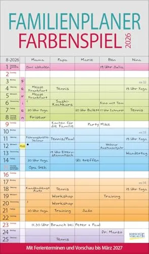 Familienplaner Farbenspiel 2026 - Familienkalender mit 5 breiten Spalten für einen optimalen Überblick, inklusive Ferienterminen und Vorschau bis März 2027 – ideal für die gesamte Familie.