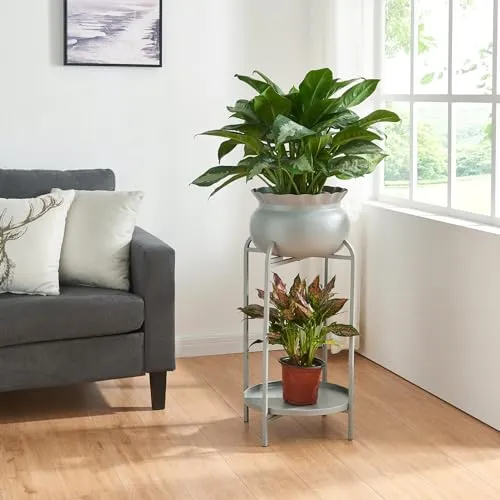 [en.casa] Blumenständer Altena Pflanzenständer mit Blumentopf und Ablage Metall Grau Pflanzenregal 60 x 27 x 27 cm Blumensäule für innen Blumentopfständer