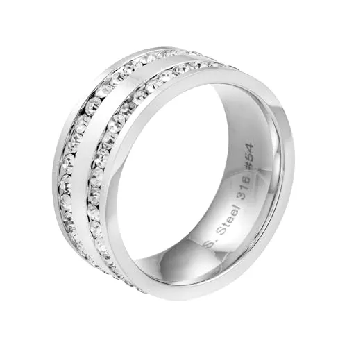 meditoys · Ring aus Edelstahl für Damen · Exklusiver Damenring aus poliertem Edelstahl mit zwei Reihen umlaufenden Kristallsteinen · topmodisches Schmuckstück · Breite 7,5mm
