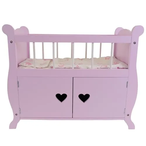 Bandits & Angels Puppenbett Sweetheart aus Holz mit Schrank rosa – Puppenbett aus Holz – geeignet für Puppen bis 46 cm – inklusive Decke – Puppenbett – Puppenmöbel