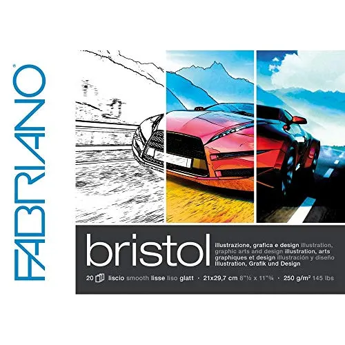 Fabriano Bristol Block, DIN A4, 250 g/m², 20 Blatt, ultraglatte Oberfläche, sehr radierfest, ideal für Illustrationen, Grafik und Design