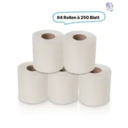 Toilettenpapierrollen SET, 27,5m, 2-lagig, Recyclingpapier, 64 Rollen - Hochwertiges Toilettenpapier SET mit 64 Rollen, 16.000 Blatt aus Recyclingpapier. Jede Rolle hat 27,5m und bietet optimale Saugfähigkeit. Ideal für den täglichen Gebrauch in jedem Haushalt.