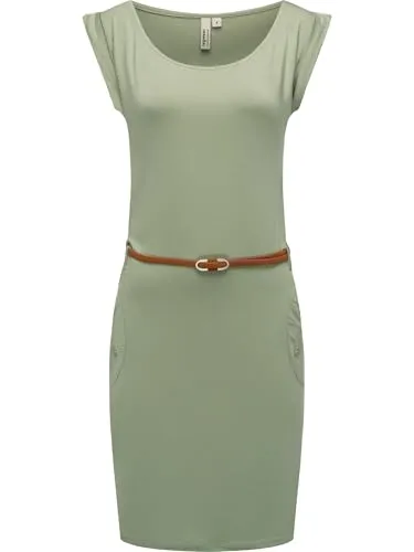 Ragwear Damen Kurzarm Sommerkleid kurzes Minikleid mit schmalem Taillen-Gürtel und Taschen Tagg YOUMODO Dusty Green Gr. M