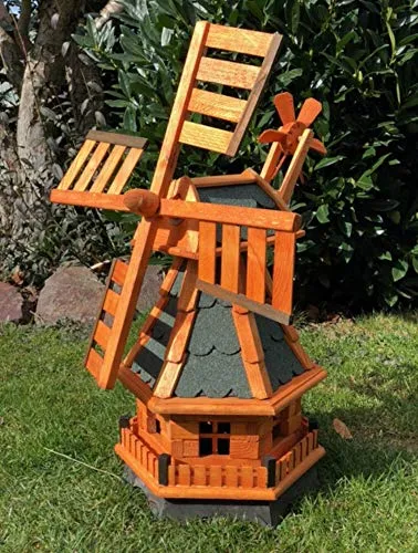 DARLUX dekorative handgefertigte Garten Windmühle aus Holz kugelgelagert I imprägniert in Braun I wetterfest I Windrad hinten am Kopf I Größen (Grün L)
