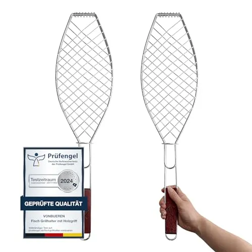 Fisch Grillhalter 63x16cm mit Holzgriff VonBueren | Fischgrillgitter | Fischzange zum Grillen | Fischgriller | Grillkorb Fisch 2 x