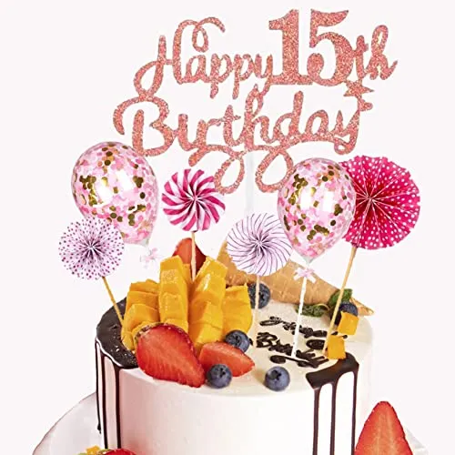 HCRXVV 15.Geburtstag Tortendeko Rosa fur Mädchen,15th Happy Birthday Glitzer Tortendeko,Konfettiballons Cake Topper und Papierfächer Kuchen Deko für Geburtstag(7Stück)