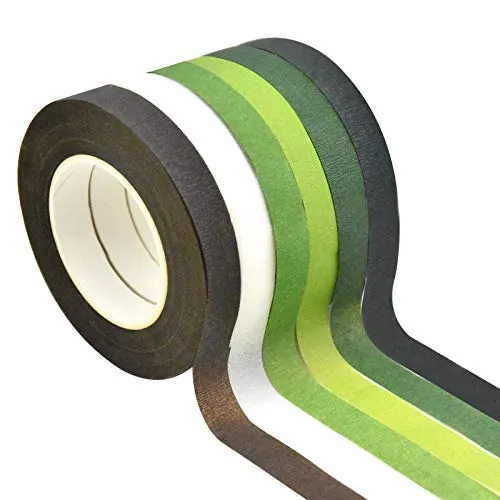 Fangehong 6 Rolle Floristenband Selbstklebend, Grüne Blumenklebeband, Papier Klebeband Blumenband, Flora Kreppband Braun Weiß für Blumenstrauß, Blumenverpackung, Basteln, Hochzeitskranz, 27 m/Rolle