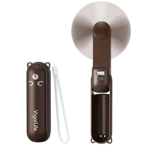 Morelax Handventilator Mini Ventilator, 3 IN 1, 2000 mAh Handventilator Akku Aufladbar, Tragbarer Ventilator USB, Ventilator Klein mit Powerbank Taschenlampen Funktion, Reise Gadgets, Braun