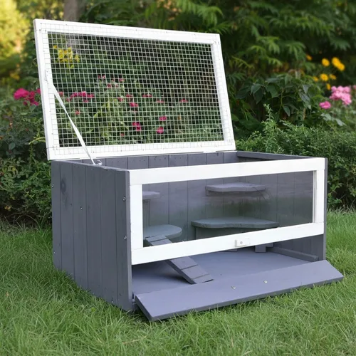 Mucola Kleintierkäfig aus Holz – Hamsterkäfig mit Plexiglasfront - Moderne Kleintierunterkunft in Grau/Weiß (60 x 35 x 30 cm) für Hamster, Mäuse und Nager. Inklusive Haus und Trinkflaschenhalterung für eine einfache Einrichtung. Gute Sicht und Belüftung durch Plexiglas und Drahtgitter.