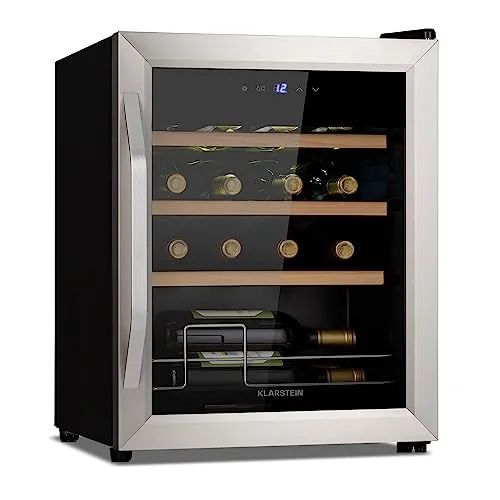 Klarstein Weinkühlschrank, Getränkekühlschrank Schmal, Kühlschrank mit Glastür, Getränkekühlschränke Freistehend, Weinkühlschrank Klein, Weinkühlschränke 1 Zone, UV-Schutz, 5-18 °C, 16 Flaschen