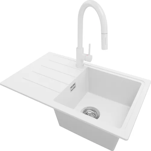 PRIMAGRAN Granitspüle Weiß 70x44cm mit Küchenarmatur und Ablauf-Set