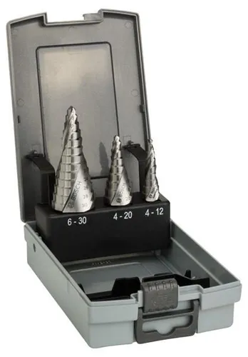 Bosch Accessories 2608587426 HSS Stufenbohrer-Set 3-teilig - Stufenbohrer-Set für präzises Bohren und Vergrößern von Löchern, ideal für Metall und Kunststoff. Mit Kreuzanschliff für einfaches Anbohren und langlebigem HSS-Stahl.