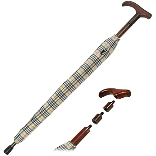 iX-brella Stützschirm höhenverstellbar mit Holzgriff - Karo beige - Stockschirm mit intelligentem Höhenverstellungssystem, ideal für individuellen Komfort. Schützt zuverlässig vor Regen und hat ein einzigartiges Blüten-Design bei geöffnetem Dach.