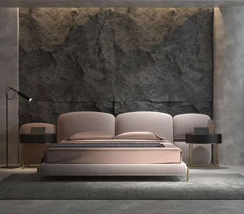 Großes Beiges Schlafzimmer Doppelbett Designer Breites Textil Kopfteil