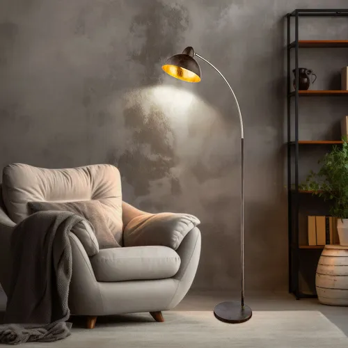 Elegante LED Bogenlampe Stehleuchte in Blattgold-Design - Stehleuchte im modernen Stil aus Metall, rostfarben mit beweglichem Spot. Ideal für Wohnzimmer, Schlafzimmer oder Flur. Inklusive warmweißem LED Leuchtmittel für gemütliche Beleuchtung.