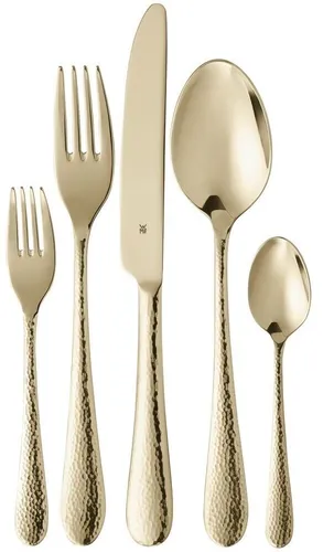 WMF Sitello Besteck Set 6 Personen Gold-Edition - 30-teiliges Essbesteckset aus Cromargan Edelstahl, mit ergonomischen Monobloc-Messern und edler Hammerschlag-Textur für ein stilvolles Dinner.