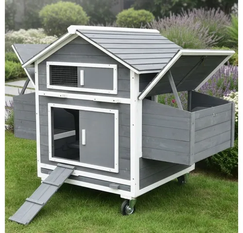 Mucola Rollbarer Hühnerstall mit 2 Nestboxen – Grau/Weiß