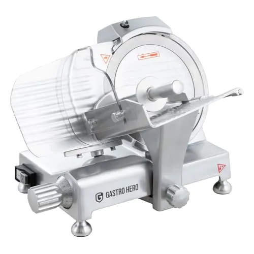 GastroHero Aufschnittmaschine ASM 220 mm - Allesschneider mit 220 mm gehärtetem Messer für präzise Schnitte, max. Schnittstärke von 12 mm, ideal für Wurst und Schinken, aus Aluminium mit Handschutz und abnehmbaren Schleifstein.