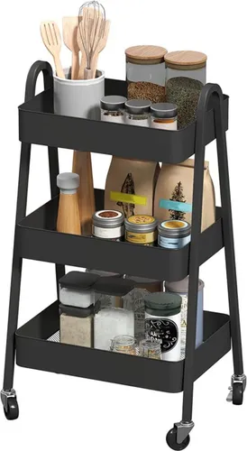 Küchenwagen mit 3 Ebenen und Griff Bremse Servierwagen Küchenregal Allzweckwagen für Küche Büro Badezimmer Schwarz