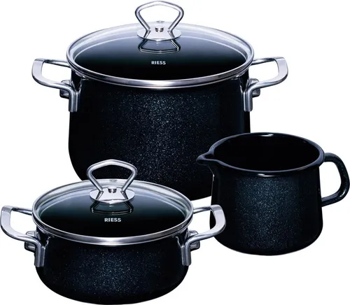 Riess Starterset Black Magic 3-teilig - Kochtöpfe in starker Qualität mit modernem Design. Ideal für energiesparendes Kochen dank des extra starken Stahl-Wärmespeicherbodens und universeller Herdarten-Eignung.
