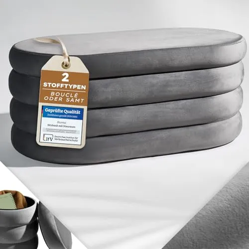 Blumtal Sitzbank mit Stauraum XL oval - Samtoptik, stilvolle Polsterbank 110 x 45 x 42.5 cm - Vielseitige Sitzbank mit Stauraum – ideal als Schuhbank oder Hocker im Flur. Hochwertige Polsterung und modernes Design bieten Komfort und Eleganz. Robuste Konstruktion, sofort einsatzbereit und ohne Aufbau.