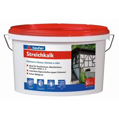 Baufan Streichkalk Gebrauchsfertig 5 L - Hochwertige Wandfarbe - Reinmineralischer Streichkalk, schimmelwidrig und atmungsaktiv, ideal für innen und außen. Hoher Weißgrad und wischfest, sorgt für ein gesundes Raumklima.