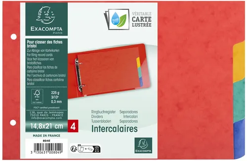 Exacompta 804E Karton-Register - 4-teilig für DIN A5, robust aus Colorspankarton, ideal für Lernkarteien und Trennblätter