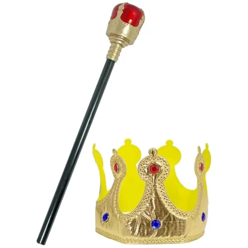 Funny Fashion König Krone & Zepter Set – Rot-Goldenes Zubehör für Königskostüm – Fasching Karneval Mittelalter Mottoparty – Herrscher-Accessoire für Erwachsene & Kinder