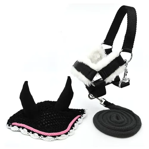 Hobby Horse Zubehör-Set Halfter mit Führstrick und Insektenhaube – Größe A4 und A3 (Schwarz und Rosa)