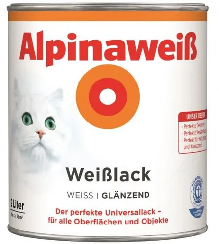 Alpinaweiß Weißlack – glänzend – Universallack für Innen- und Außenbereich - Hochdeckender, wetterbeständiger und schnelltrocknender Lack für perfekte Ergebnisse auf Holz, Metall und mehr. Ideal für alle Oberflächen und leicht zu verarbeiten.