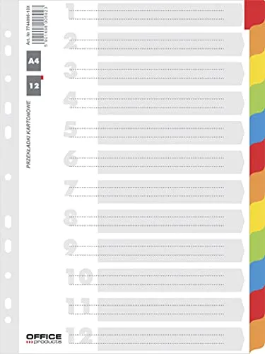 Office Products Trennblätter Karton-Register 12-teilig/ 12 + 1 Blatt Laminirten Farbigen Taben/Deckblatt mit Zahlenaufdruck/für DIN A4/ 11-fach gelocht/für die Ordner-Organisation im Büro