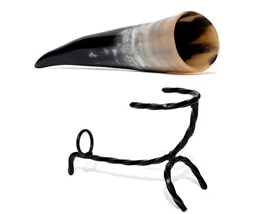 Brillibrum Design Trinkhorn Becher aus echtem Kuhhorn mit Griff und Ständer