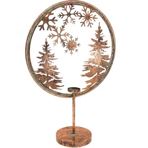 Winterlicher Dekoring mit Tannen und Schneeflocken - Eleganter Teelichthalter für die festliche Weihnachtszeit. Mit einem stabilen Standfuß und aus robustem Metall gefertigt, bringt er eine gemütliche Atmosphäre in Ihr Zuhause.