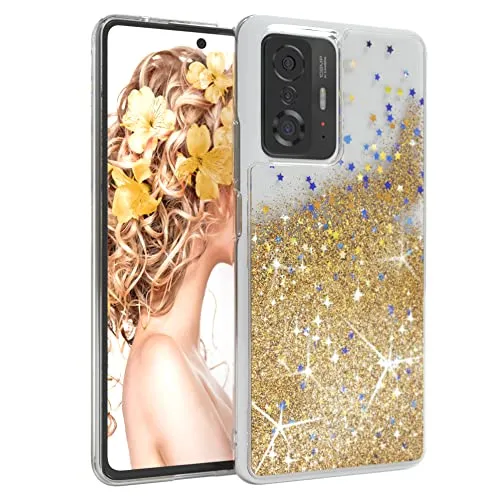 EAZY CASE Hülle kompatibel mit Xiaomi 11T 5G / 11T Pro 5G Schutzhülle mit Flüssig-Glitzer, Handyhülle, Schutzhülle, Back Cover mit Glitter Flüssigkeit, TPU/Silikon, Transparent/Durchsichtig, Gold