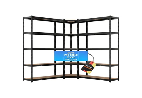 ALL Premium Schwerlastregal Eckregal 180x70x40 cm + 2X 180x120x40 cm Schwarz – Hohe Stabilität und Traglast - Vielseitiges Eckregal mit 3750 kg Traglast und 5 höhenverstellbaren Böden. Ideal für Keller, Lager oder Büro. Werkzeugfreie Montage dank Stecksystem – für schnelle und einfache Einrichtung.