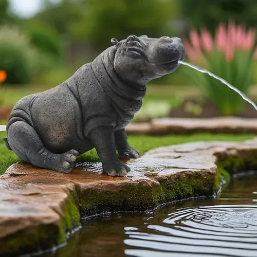 Solar Wasserspeier Hippo – Nilpferd Teichfigur mit Solarpumpe - Wasserspeier aus UV-beständigem Polyresin, realistisch und wetterfest. Ideal für Gartenteiche, mit Solarpumpe für ein beruhigendes Wasserspiel – ganz ohne Stromanschluss!