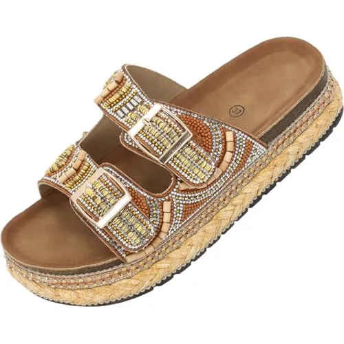 Palado Pantoletten Damen Luberos by Sila Sahin - elegante Sandalen - bequeme Hausschuhe - modische Sommerschuhe Camel UK6 - EU39