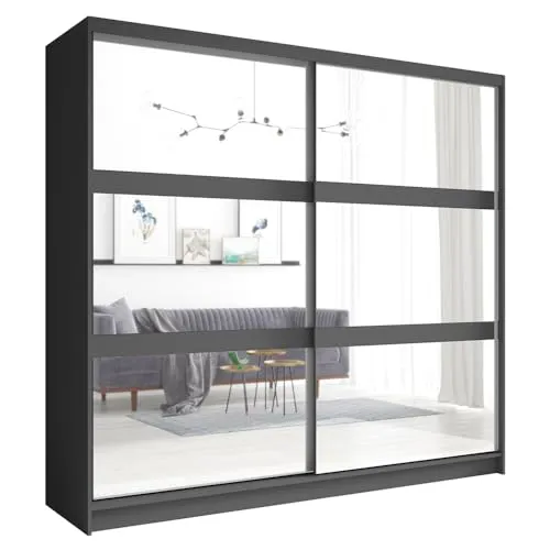 Lomadox Schwebetürenschrank in Graphit mit Spiegel - Kleiderschrank mit 2 Schwebetüren und Spiegel, ideal für modernes Schlafzimmerdesign. Bietet viel Stauraum mit 2 Kleiderstangen und 4 Böden für optimale Organisation.