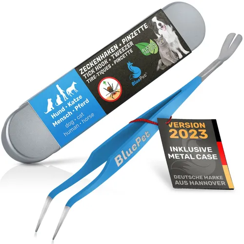 BluePet 2in1 Zeckenpinzette + Zeckenenhaken Profi Set, Zeckenentferner mit Metallbox, Zeckenzange