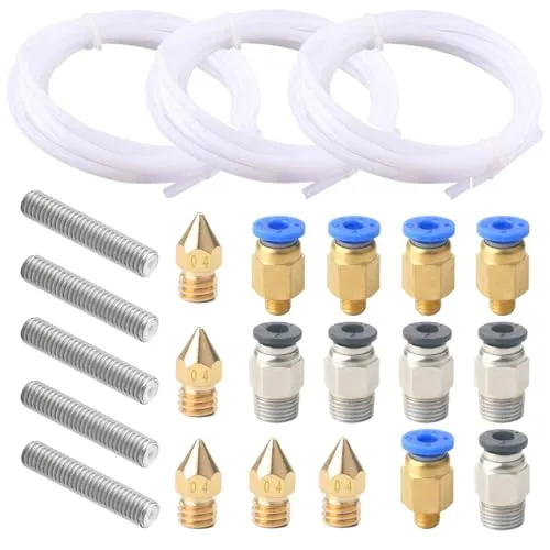 QitinDasen 3 Meter 3D Drucker PTFE Teflonschlauch, mit 6 Stück PC4-M6 Pneumatik Verbinder, 6 Stück PC4-M10 Pneumatik Verbinder, 5 Stück 0.4 mm Düse Druckkopf und 5 Stück M6 X 30 mm Düse Halsrohr