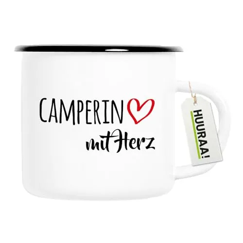 Huuraa Emaille Tasse Camperin mit Herz 300ml Vintage mit Motiv für die tollsten Menschen