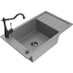 Mexen Elias 1 Becken-Granitspüle mit Abtropffläche und Mischbatterie Carla, Grau
