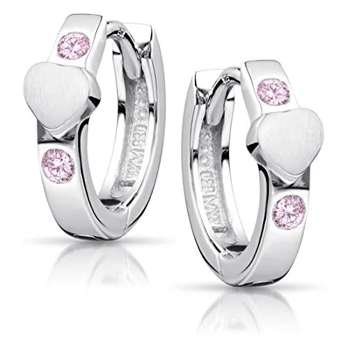 MATERIA Herz Ohrringe Mädchen Silber 925 Creolen mit Zirkonia - Ohrschmuck aus rhodiniertem Sterlingsilber, ideal für Mädchen. Mit 4 rosa Zirkonia und praktischer Klappmechanik für einfaches An- und Ablegen.
