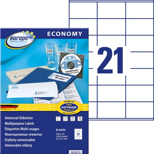europe100 ELA045 Universaletiketten, 2100 Etiketten, Format 70x41mm, 100 Blatt