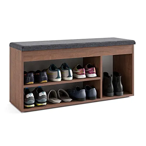 KOMTO Schuhbank mit Sitzfläche - Nussbaum Schuhregal mit Stauraum - Sitzbank mit Schuhregal aus Nussbaum, bietet gepolsterte Sitzfläche und geräumigen Stauraum für Ihre Schuhe, ideal für Flur und Garderobe (100 x 48 x 32 cm)