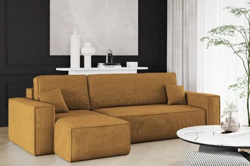 Kaiser Möbel Ecksofa mit Schlaffunktion und Bettkasten – L-Form in Senffarbe - Sofa L-Form mit komfortabler Schlaffunktion und praktischem Bettkasten. Ideal für gesellige Abende und bietet zusätzlichen Stauraum – perfekt für jedes Wohnzimmer!