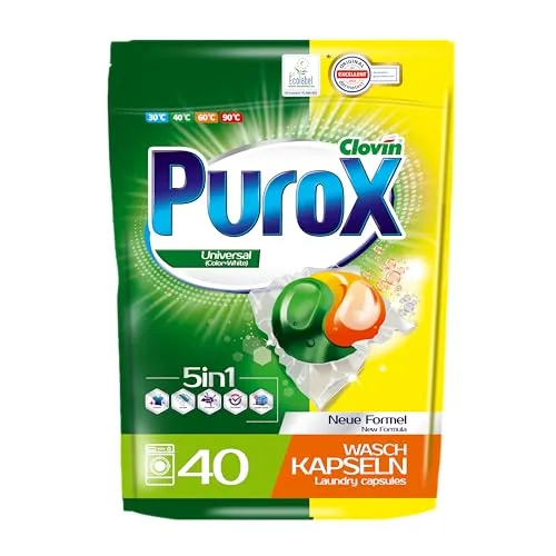 PUROX UNIVERSAL Waschkapseln (40 Stück) – Waschmittel für alle Textilien, entfernt Flecken, schützt Farben, vollständig ausspülbar, umweltfreundlich, Doypack